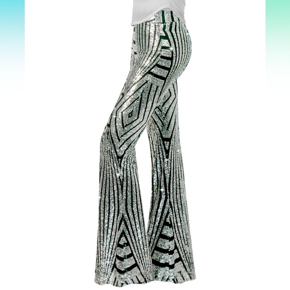 unbranded Pants - NEW! Sequin Flare Leg Pants - Silver and Black